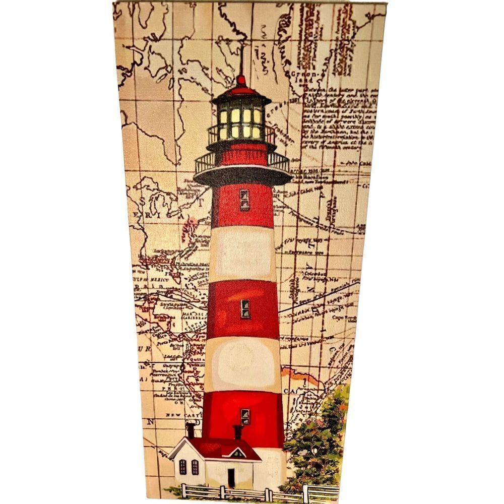 Americana Lighthouse W/Map BG Canvas Wall Art Print, Lighthouse Home Decor EC
